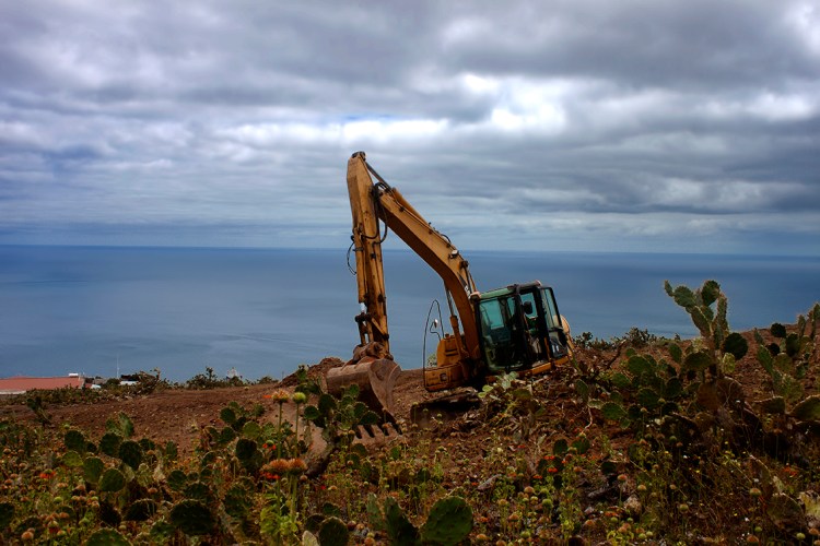 A JCB starts to clear cacti from the land surrounding our home.